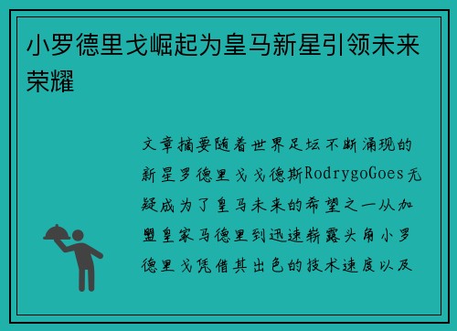 小罗德里戈崛起为皇马新星引领未来荣耀